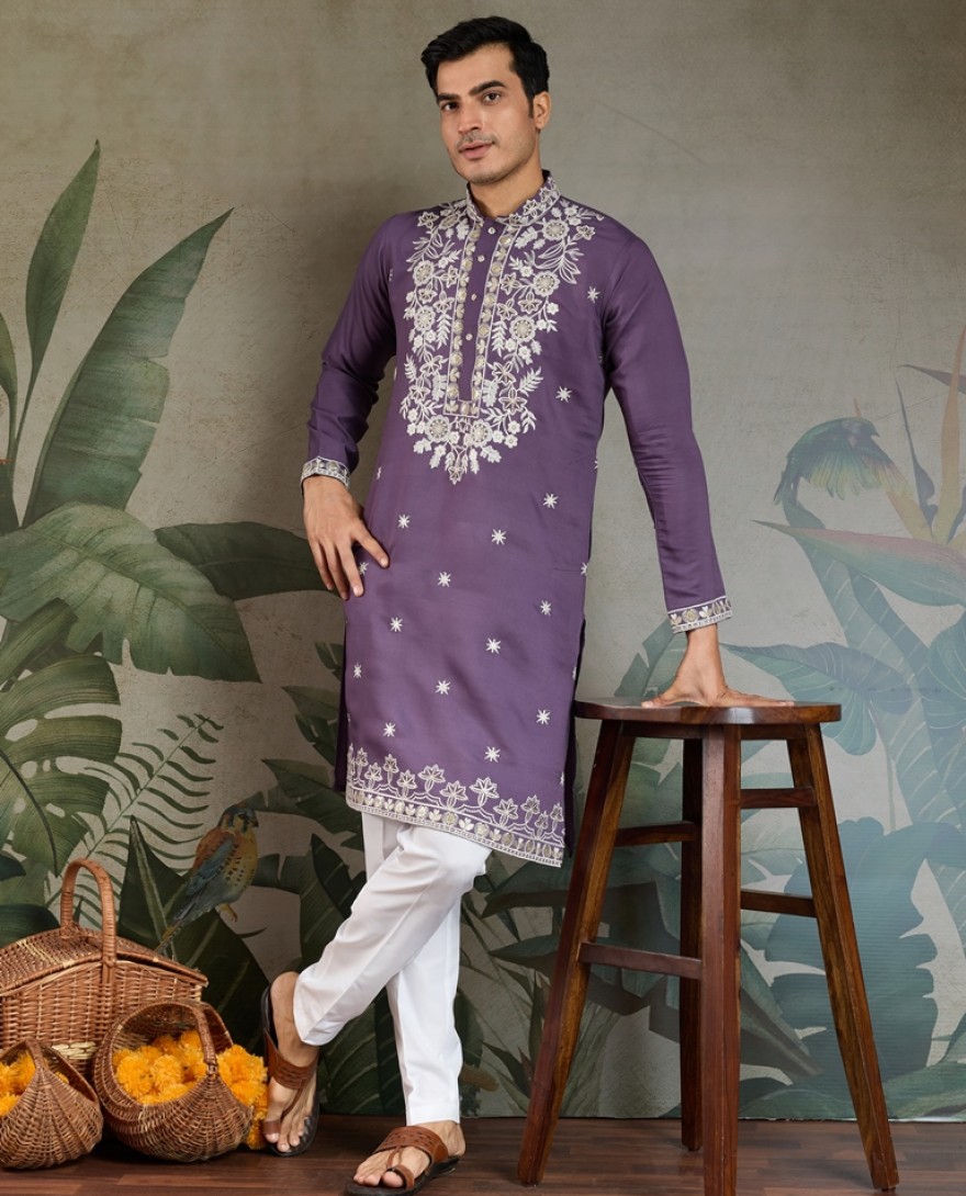 61321-purple - Purple Thread & Sequence Hand Embroidered Men’s Kurta Set